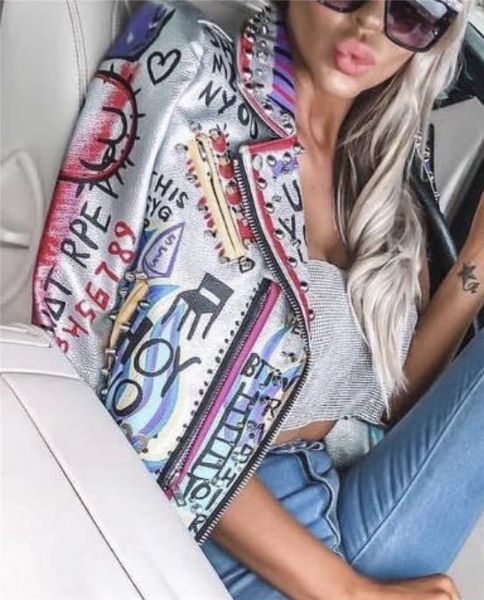 women's leather & faux spring and autumn punk jacket women graffiti studded rivet fashion streetwear motorcycle coat, Black
women's leather & faux spring and autumn punk jacket women graffiti studded rivet fashion streetwear motorcycle coat, Black