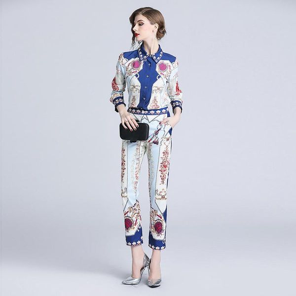 two piece dress 2021 summer autumn runway 2 set women blue and white flower print chains fashion blouses shirts + skinny pants suits 
two piece dress 2021 summer autumn runway 2 set women blue and white flower print chains fashion blouses shirts + skinny pants suits