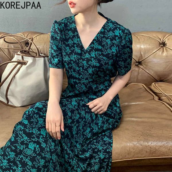korejpaa women dress summer korean chic retro gentle v neck print floral design tie waist slim short sleeved long vestido 210526, Black;gray
korejpaa women dress summer korean chic retro gentle v neck print floral design tie waist slim short sleeved long vestido 210526, Black;gray