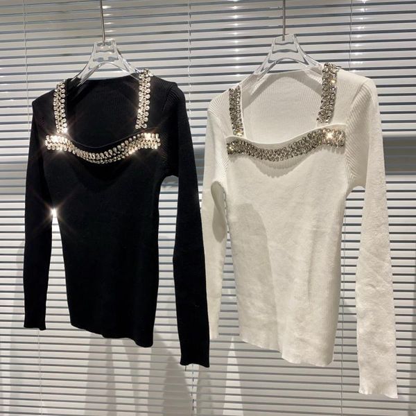 women's sweaters 2021 winter owmen knitted t shirt square neck style diamond nail bead edge elastic slim knit sweater, White;black
women's sweaters 2021 winter owmen knitted t shirt square neck style diamond nail bead edge elastic slim knit sweater, White;black