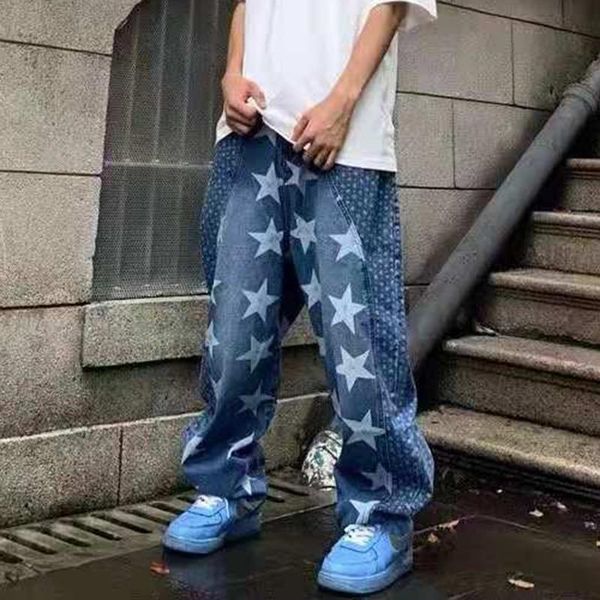 men's jeans washed stars embrodiery streetwear pants for men and women straight ripped oversize japanese casual denim trousers, Blue
men's jeans washed stars embrodiery streetwear pants for men and women straight ripped oversize japanese casual denim trousers, Blue