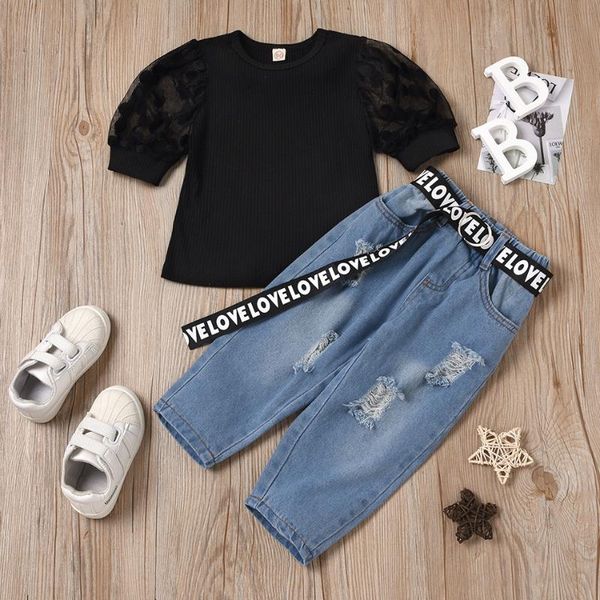 clothing sets tide children's set mesh stitching sleeve pit strip head shirt letter webbing hole open bag denim trousers girl two-piece, White
clothing sets tide children's set mesh stitching sleeve pit strip head shirt letter webbing hole open bag denim trousers girl two-piece, White