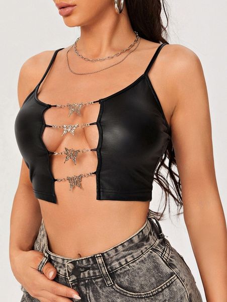 sxy butterfly chain detail cut out crop pu leather cami t9rc#, White 
sxy butterfly chain detail cut out crop pu leather cami t9rc#, White