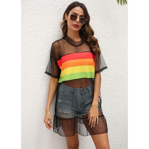 women's color stripes stitching mesh ruffled perspective loose t-shirt blouse black swimwear, White;black
women's color stripes stitching mesh ruffled perspective loose t-shirt blouse black swimwear, White;black