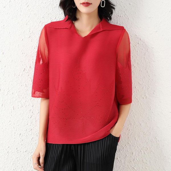 women's t-shirt oversize for women 45-75kg miyake pleated spring summer turn down collar half sleeves gauze perspective all-matched, White
women's t-shirt oversize for women 45-75kg miyake pleated spring summer turn down collar half sleeves gauze perspective all-matched, White