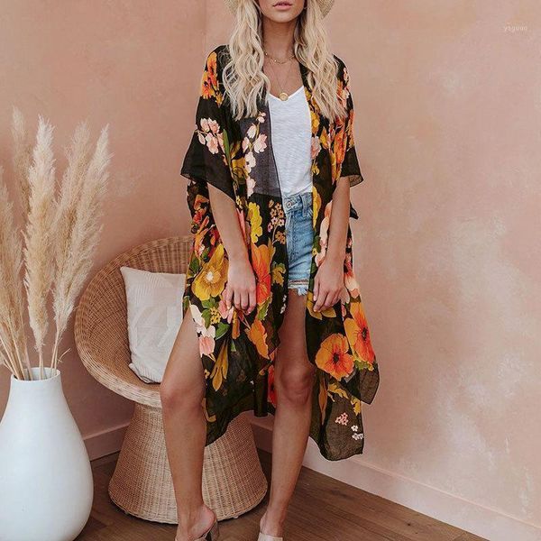 women's kimono cardigan casual female beach summer cover up 2021 printed girls chiffon long shirt bathing swimsuit cardigans swimwear, White;black
women's kimono cardigan casual female beach summer cover up 2021 printed girls chiffon long shirt bathing swimsuit cardigans swimwear, White;black