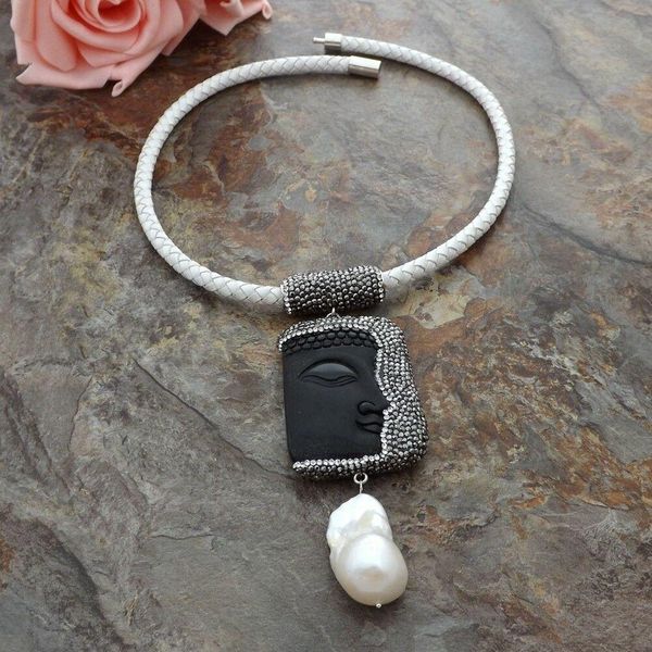 yygem 18" natural black stone caved buddha pendant white leather necklace white keshi pearl religious style for women, Silver
yygem 18" natural black stone caved buddha pendant white leather necklace white keshi pearl religious style for women, Silver