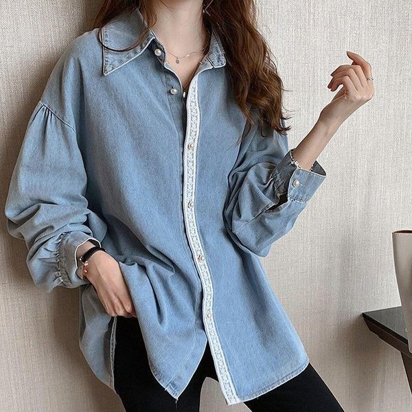 women's blouses & shirts pearl button nylon lace loose denim blouse women elegant lady long sleeve solid shirt casual blue female kore, White
women's blouses & shirts pearl button nylon lace loose denim blouse women elegant lady long sleeve solid shirt casual blue female kore, White
