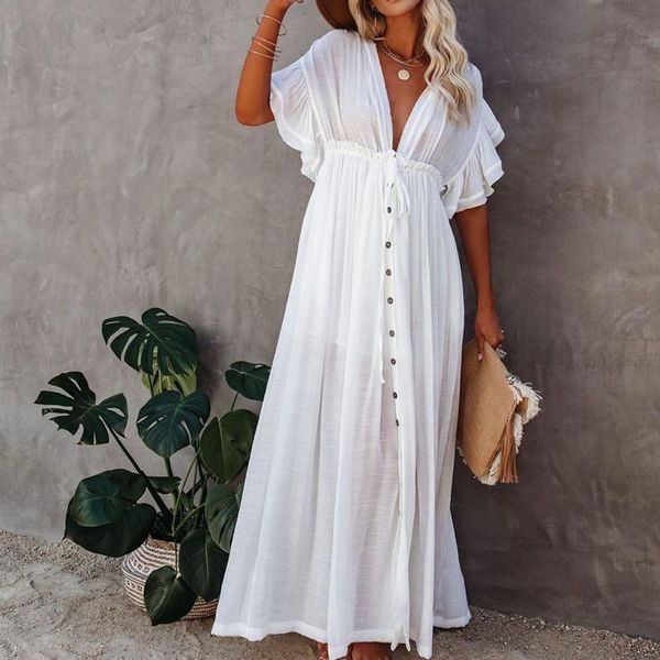 women's swimwear 2021 beach long maxi dress women cover up tunic button white v neck robe bikini beachwear, White;black
women's swimwear 2021 beach long maxi dress women cover up tunic button white v neck robe bikini beachwear, White;black