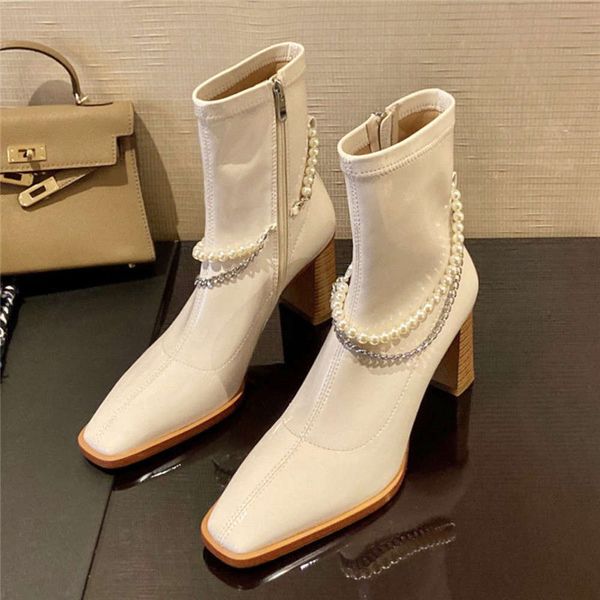 chain pearl high heel fashion short boots women's spring and autumn single boots thick heel square head martin boots bright face elasti, Black
chain pearl high heel fashion short boots women's spring and autumn single boots thick heel square head martin boots bright face elasti, Black