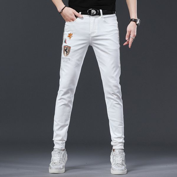 fashion jeans white men's brand casual pants embroidered drill bae reflective elastic slim, Blue
fashion jeans white men's brand casual pants embroidered drill bae reflective elastic slim, Blue