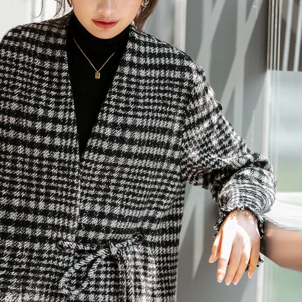 women's wool & blends fall winter 2021 v neck long tassel houndstooth plaid coat women, Black
women's wool & blends fall winter 2021 v neck long tassel houndstooth plaid coat women, Black