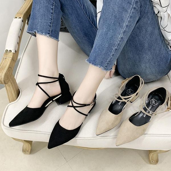 dress shoes women's low-heeled cross strap heels korean style pointed, Black