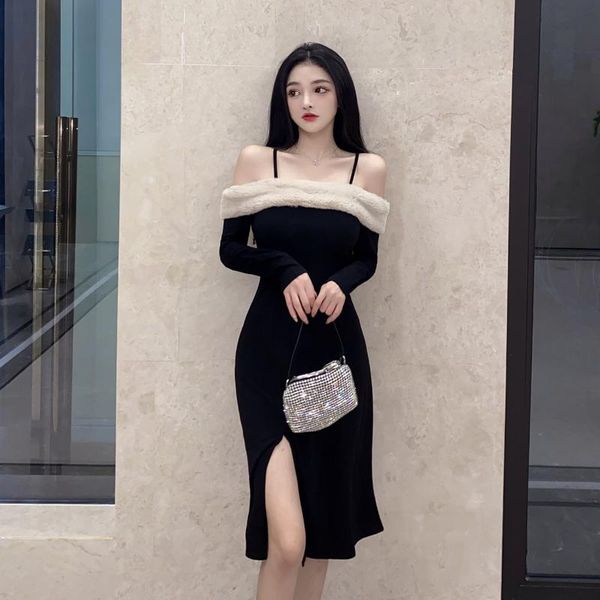 casual dresses fall winter long sleeve woman dress 2021 elegant slash neck with fur sheath split party vesitdos you1123, Black;gray
casual dresses fall winter long sleeve woman dress 2021 elegant slash neck with fur sheath split party vesitdos you1123, Black;gray