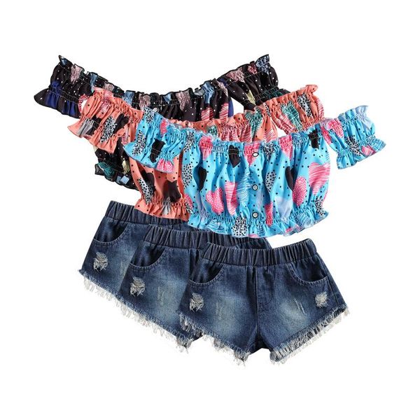 clothing sets infant kids girl's 2pcs summer clothes set, printed ruffled boat neck single breasted short with ripped jeans, White
clothing sets infant kids girl's 2pcs summer clothes set, printed ruffled boat neck single breasted short with ripped jeans, White