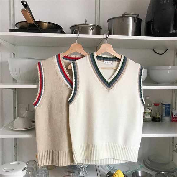 women's sweaters kpop harajuku 2021 autumn casual v-neck sleeveless solid color stripes sweater women knitted pullovers preppy chic ves, White;black
women's sweaters kpop harajuku 2021 autumn casual v-neck sleeveless solid color stripes sweater women knitted pullovers preppy chic ves, White;black