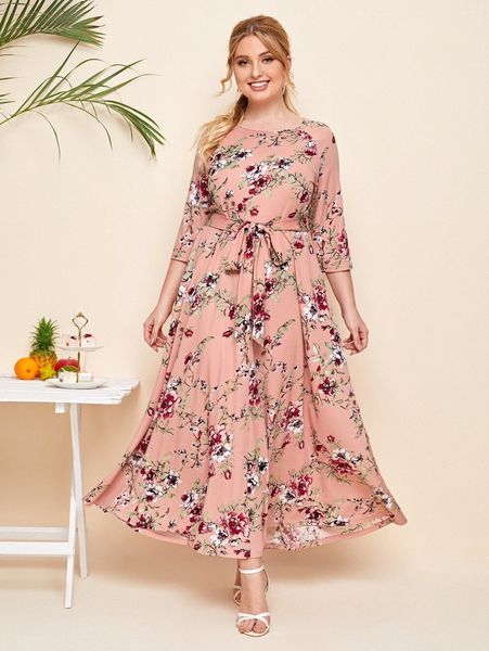 plus raglan sleeve allover floral print belted dress j25e#, Black