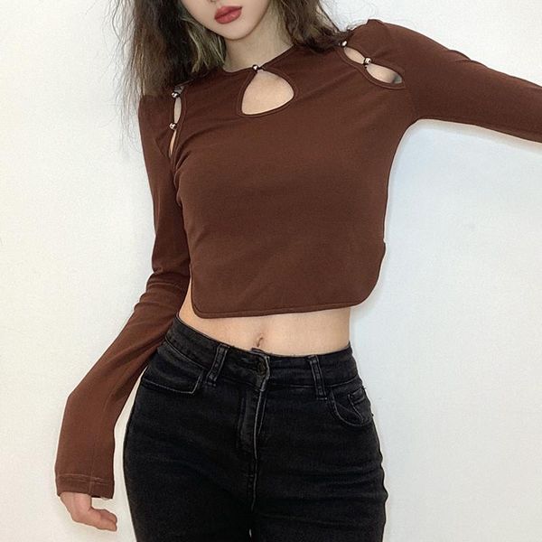 women's t-shirt women solid round neck button long sleeves cut out hollow crop spring fall fashion female tee top, White
women's t-shirt women solid round neck button long sleeves cut out hollow crop spring fall fashion female tee top, White