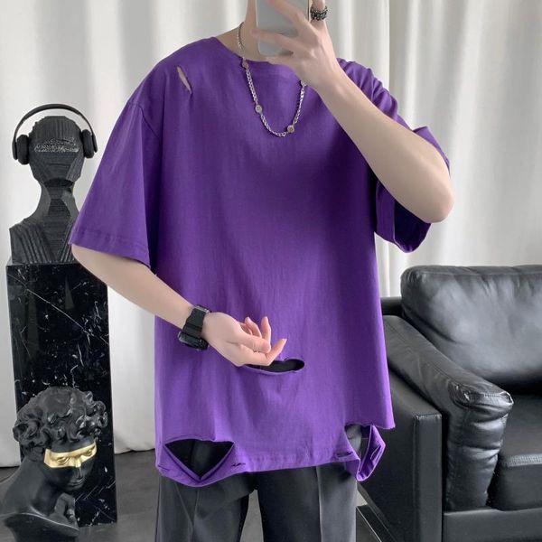 round neck broken hole short-sleeved t-shirt male summer loose ruffian handsome trend hip-hop half sleeve solid color men's t-shirts, White;black
round neck broken hole short-sleeved t-shirt male summer loose ruffian handsome trend hip-hop half sleeve solid color men's t-shirts, White;black