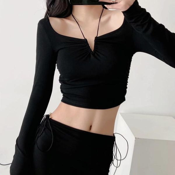 pleated halter long sleeve t-shirt 2021 women's spring v-neck ladies lace up navel bottoming shirt, White
pleated halter long sleeve t-shirt 2021 women's spring v-neck ladies lace up navel bottoming shirt, White