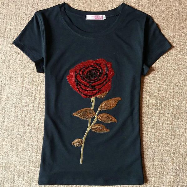 women's t-shirt sequined roses short-sleeved camisetas mujer, White 
women's t-shirt sequined roses short-sleeved camisetas mujer, White