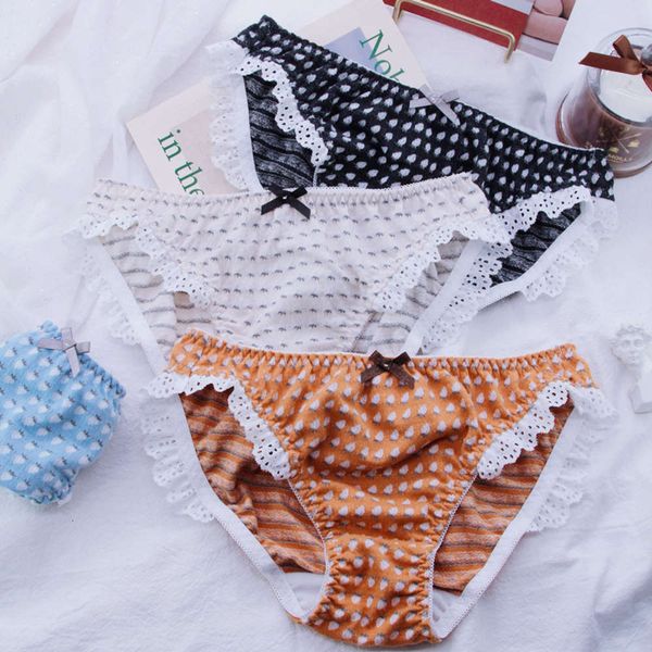 cute strawberry cartoon underwear women ruffle lace seamless panties girl sweet bow cotton briefs female lingerie, Black;white