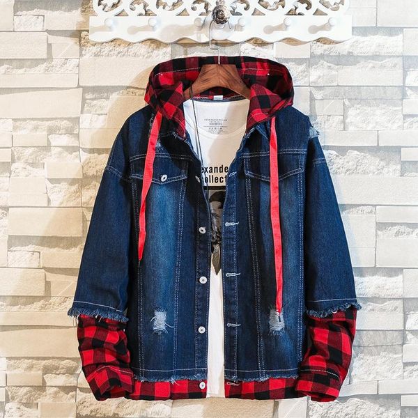 men's casual shirts 2021 spring hooded korean holiday two piece stitched denim plaid jacket with holes, White;black
men's casual shirts 2021 spring hooded korean holiday two piece stitched denim plaid jacket with holes, White;black