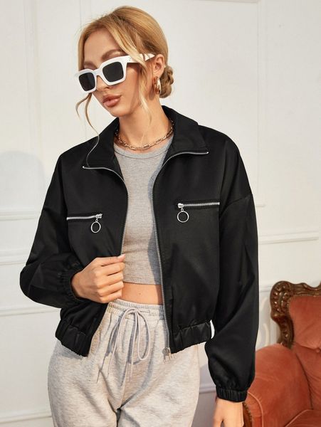 drop shoulder zipper detail jacket p21q#, Black;brown
