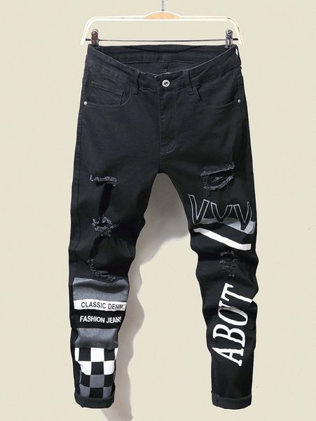 men checker and letter graphic ripped jeans r588#, Blue