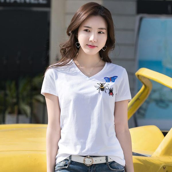 women's t-shirt fashion slim insect print v neck tee breathable short sleeve women t shirt, White
women's t-shirt fashion slim insect print v neck tee breathable short sleeve women t shirt, White