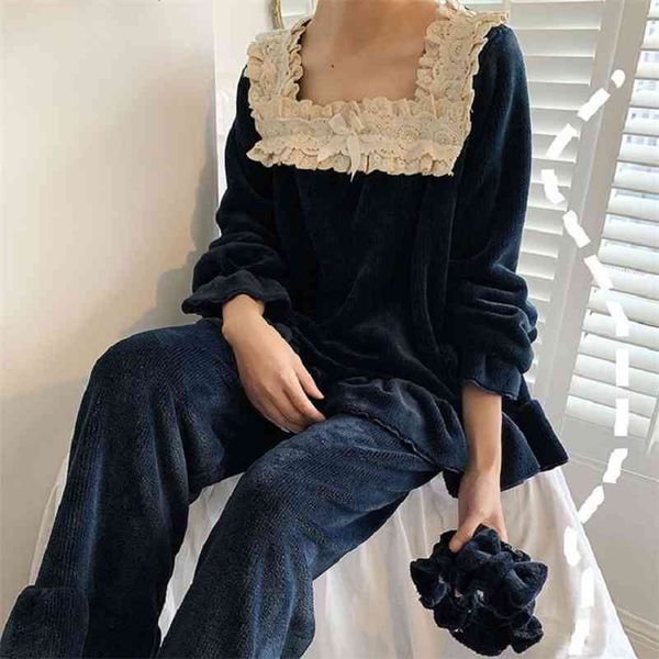 vintage thick fleece women's pajamas sets elegant white lace long sleeve sleepwear suits winter autumn sweet pyjamas 210330, Black;red
vintage thick fleece women's pajamas sets elegant white lace long sleeve sleepwear suits winter autumn sweet pyjamas 210330, Black;red