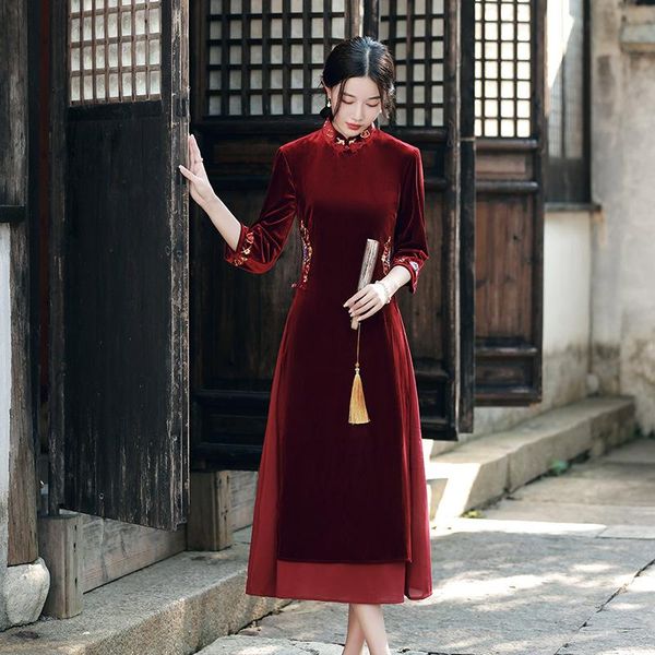 ethnic clothing women chinese style long sleeve mandarin collar cheongsam retro elegant velour embroidery qipao vestido, Red
ethnic clothing women chinese style long sleeve mandarin collar cheongsam retro elegant velour embroidery qipao vestido, Red