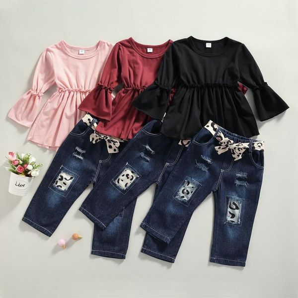 clothing sets 3pcs little girls clothes outfit solid color flare long sleeve round collar + leopard print splicing denim pants belt, White
clothing sets 3pcs little girls clothes outfit solid color flare long sleeve round collar + leopard print splicing denim pants belt, White