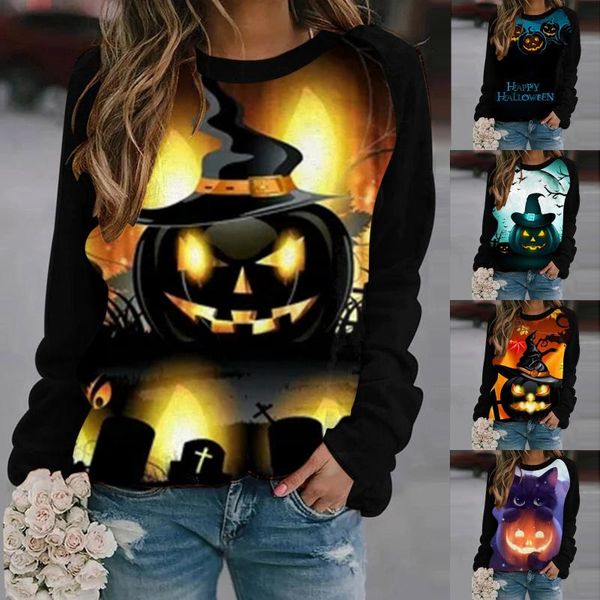 women's hoodies & sweatshirts halloween cute print stitching women o-neck long sleeve streetwear sudaderas con capucha moletom feminino, Black