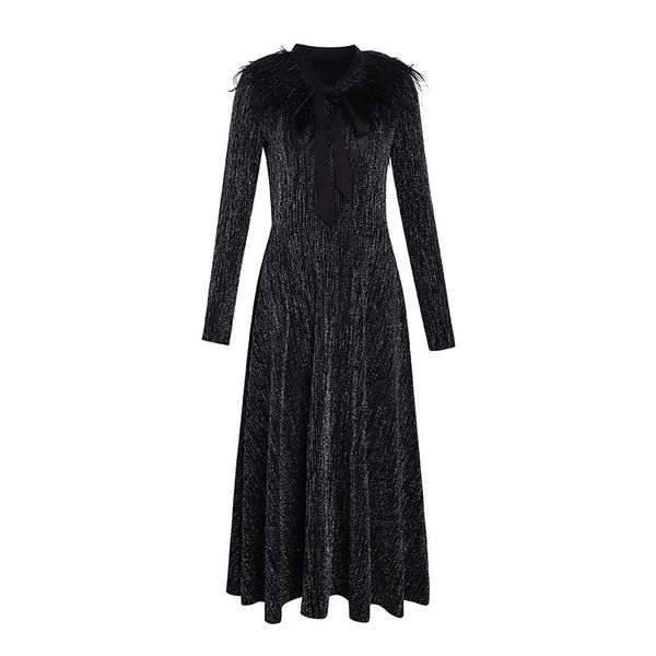 black empire bow collar long sleeve tassel feather stamping a-line midi evening paty drees autumn winter d0885 210514, Black;gray