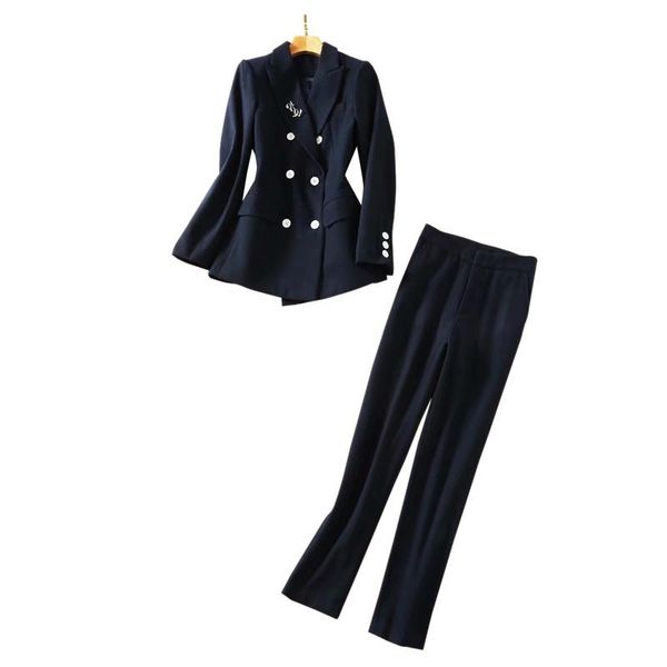 women suit set two pieces outfits double-breasted buttons navy blue blazer + slim tight pencil pants women's piece, White
women suit set two pieces outfits double-breasted buttons navy blue blazer + slim tight pencil pants women's piece, White