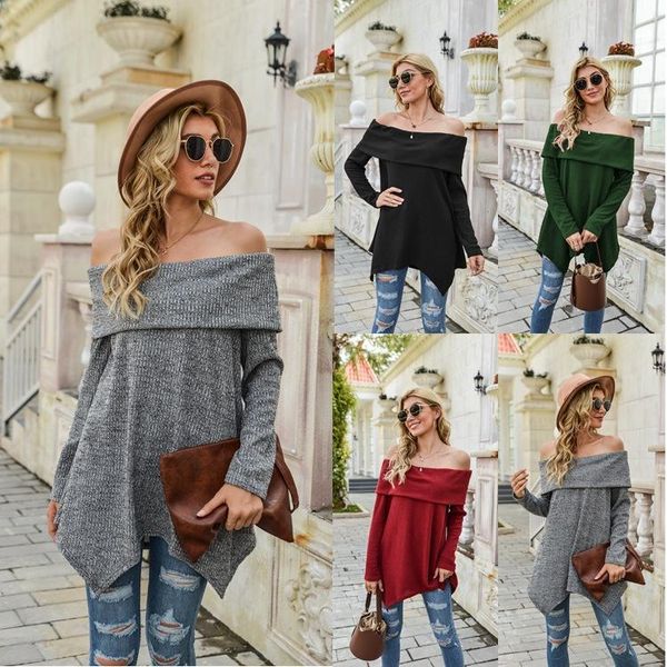 women's sweaters autumn and winter solid color one line neck strapless irregular hem long sweater temperament women, White;black
women's sweaters autumn and winter solid color one line neck strapless irregular hem long sweater temperament women, White;black