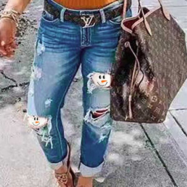 2021 women's jeans women's summer selling snowman print thin perforated pants, Blue
2021 women's jeans women's summer selling snowman print thin perforated pants, Blue