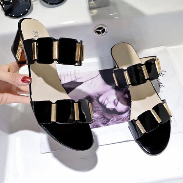 sandals and slippers women's summer one-line middle heel metal decoration european american thick ladies, Black
sandals and slippers women's summer one-line middle heel metal decoration european american thick ladies, Black