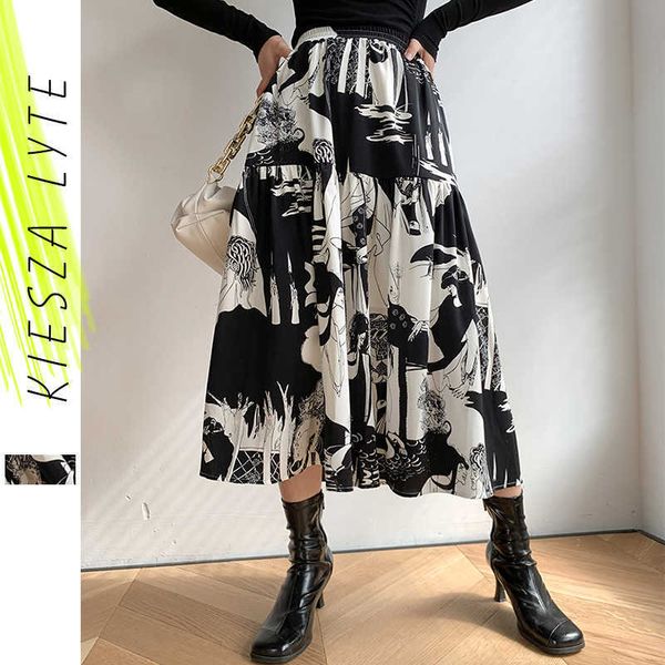 women elastic waist midi skirt elegant print high abstract big hem office lady spring summer ladies 210608, Black
women elastic waist midi skirt elegant print high abstract big hem office lady spring summer ladies 210608, Black