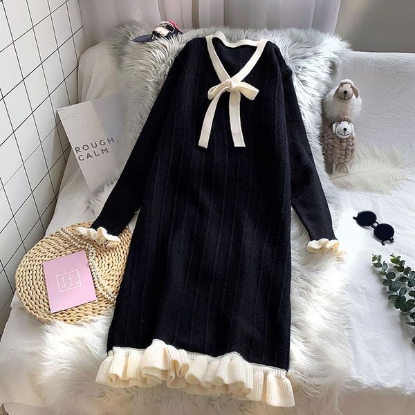 ruffles elegant knitted women dresses bow neck solid straight patchwork knee-length female casual, Black;gray
ruffles elegant knitted women dresses bow neck solid straight patchwork knee-length female casual, Black;gray