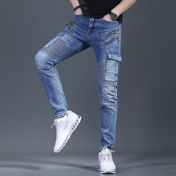 men's jeans high street mens slim fit denim pencil pants zipper pleated pocket moto biker fashion casual long cowboy trousers 36, Blue
men's jeans high street mens slim fit denim pencil pants zipper pleated pocket moto biker fashion casual long cowboy trousers 36, Blue