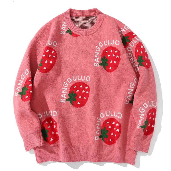 men's sweaters print of strawberry streetwear o-neck japanese pink pullover, White;black
men's sweaters print of strawberry streetwear o-neck japanese pink pullover, White;black