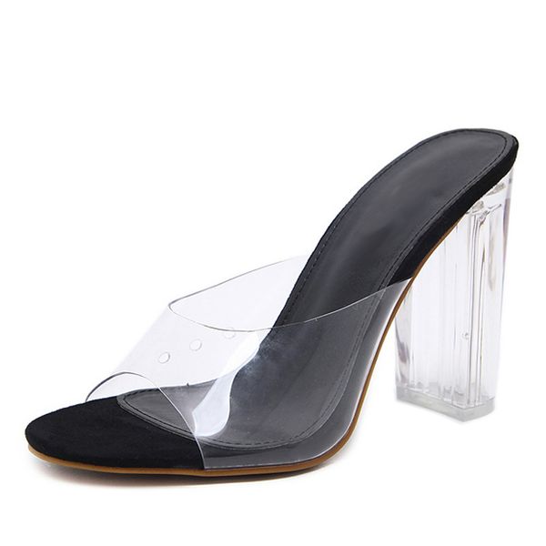 jelly 2021 crystal open toed high heels women transparent heel sandals slippers pumps cm big size 1, Black