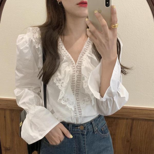 women's polos korean chic french minority spring and autumn design lace patchwork bell sleeve ruffled v-neck shirt women, White
women's polos korean chic french minority spring and autumn design lace patchwork bell sleeve ruffled v-neck shirt women, White
