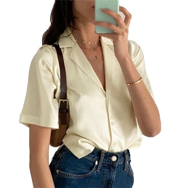 women's blouses & shirts elegant office ladies short sleeve satin women turn-down collar loose female blusas ol, White
women's blouses & shirts elegant office ladies short sleeve satin women turn-down collar loose female blusas ol, White