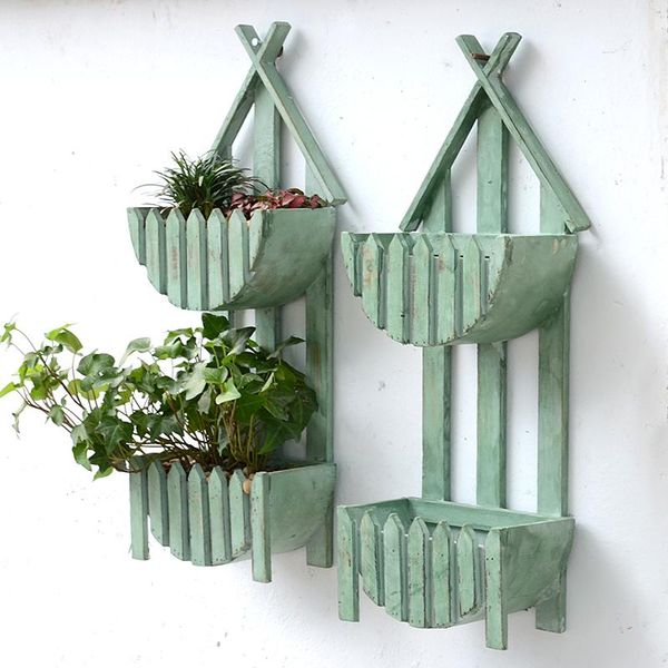 antique green fence design two layers wooden wall flower pot european home garden decor footed hanging wood plant basket planters & pots 
antique green fence design two layers wooden wall flower pot european home garden decor footed hanging wood plant basket planters & pots