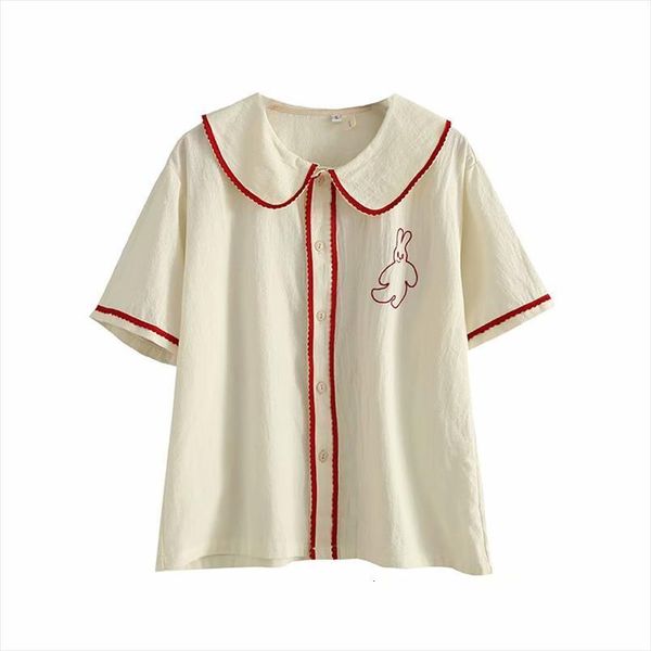 beige cartoon rabbit embroidery women shirts wave pattern summer short sleeve peter pan collar sweet style shirt, White
beige cartoon rabbit embroidery women shirts wave pattern summer short sleeve peter pan collar sweet style shirt, White
