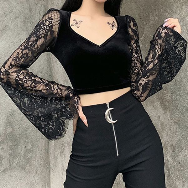 women's lace sleeve t-shirt patchwork black velvet long sleeves v-neck slim ladies t-shirts spring streetwear female 210524, White
women's lace sleeve t-shirt patchwork black velvet long sleeves v-neck slim ladies t-shirts spring streetwear female 210524, White