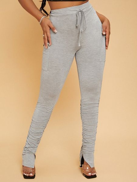drawstring waist flap pocket ruched split hem pants b4ak#, Black;white